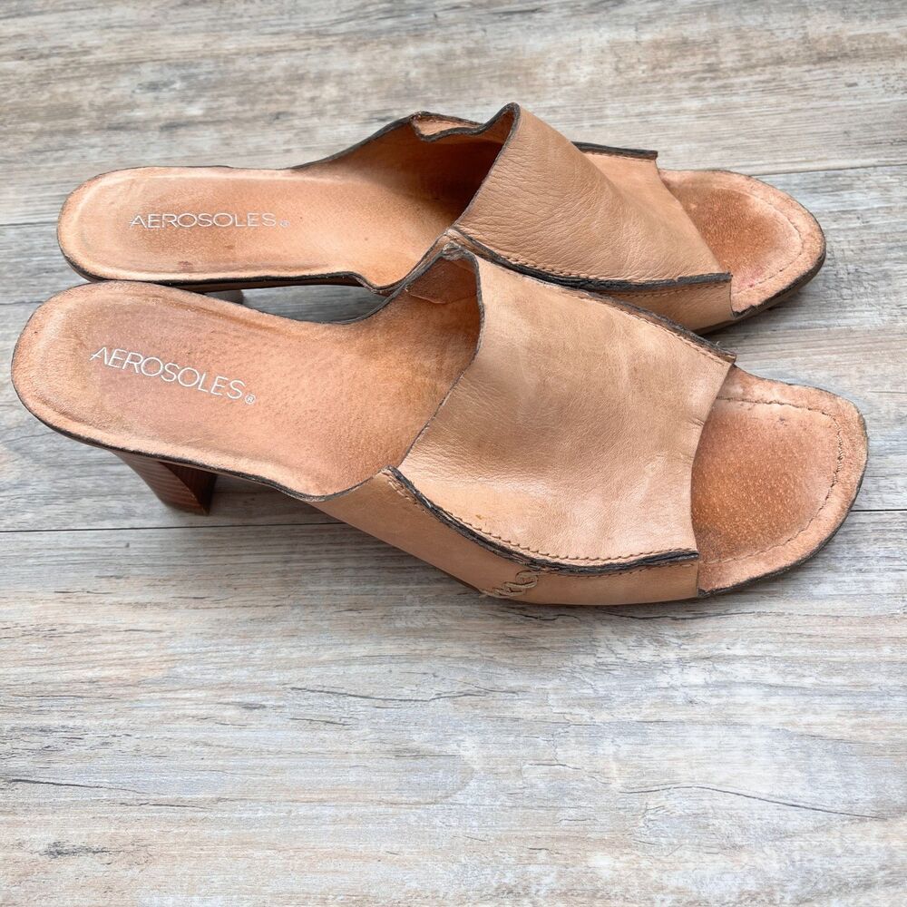 AEROSOLES Tan Leather Slip-On Block Heel Sandals